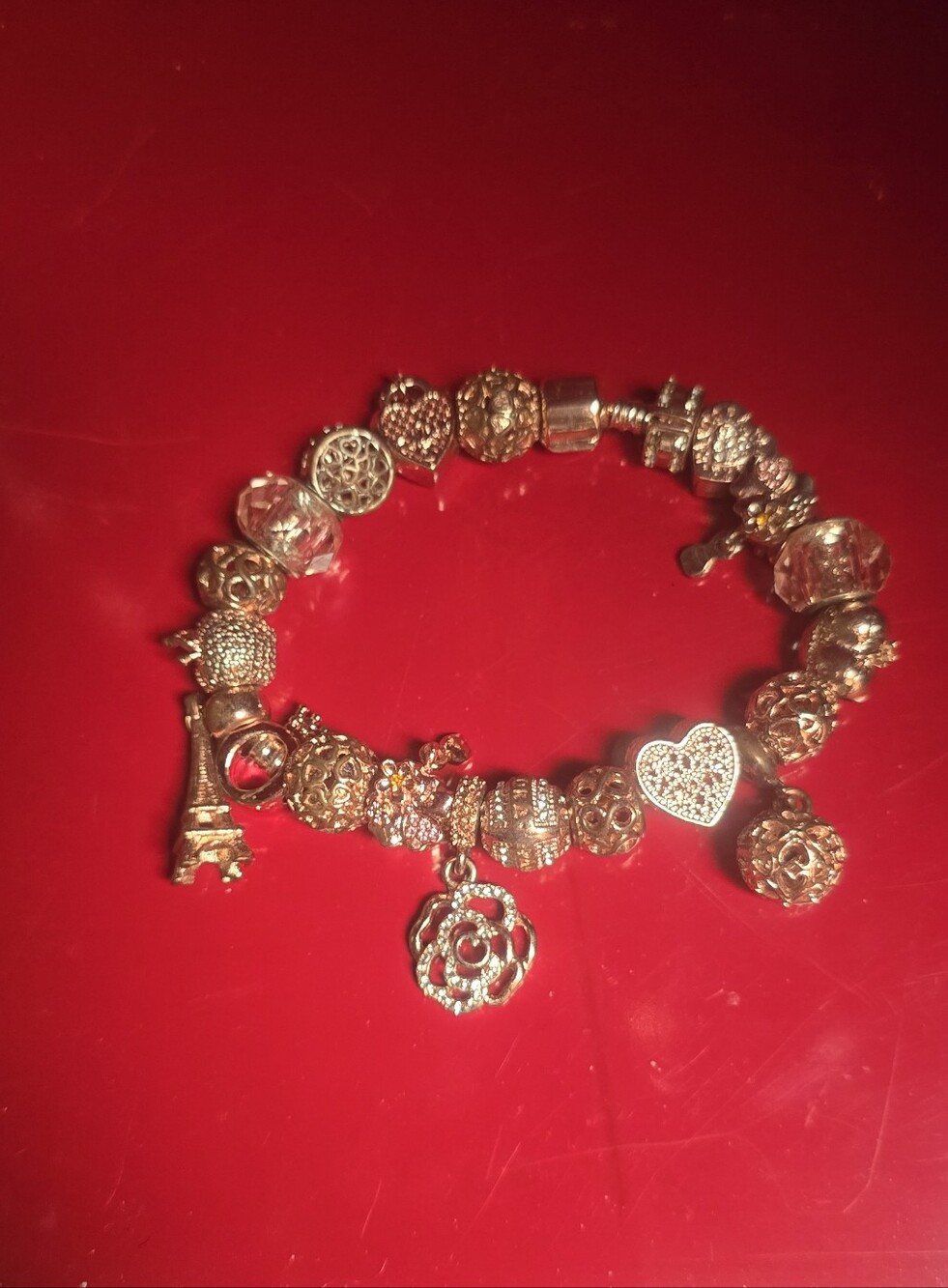 Gold Euro Bead Charm Bracelet Feminine Heart & Rose Charms Office To Date Night